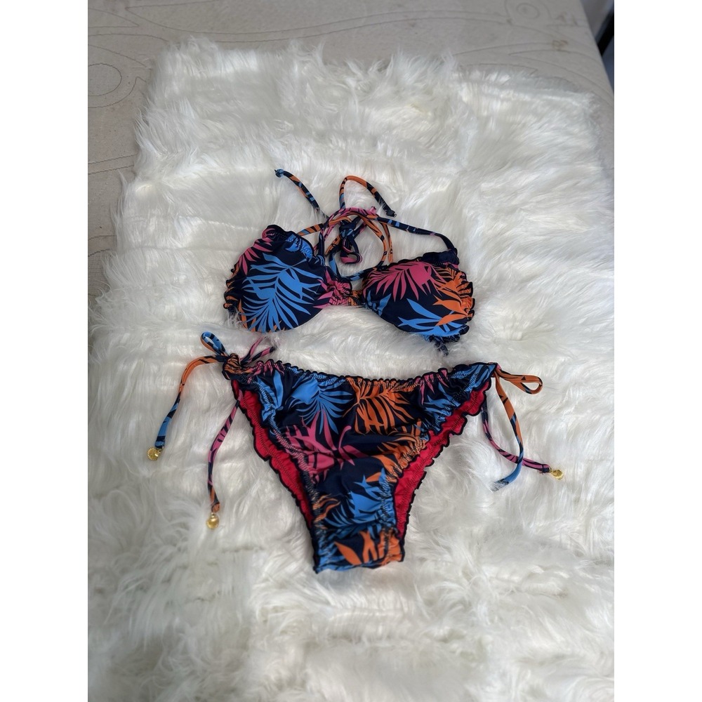 Peddney Women's Tropical Floral 2 Piece Swim Suit Bikini Sz Medium Tie Side New